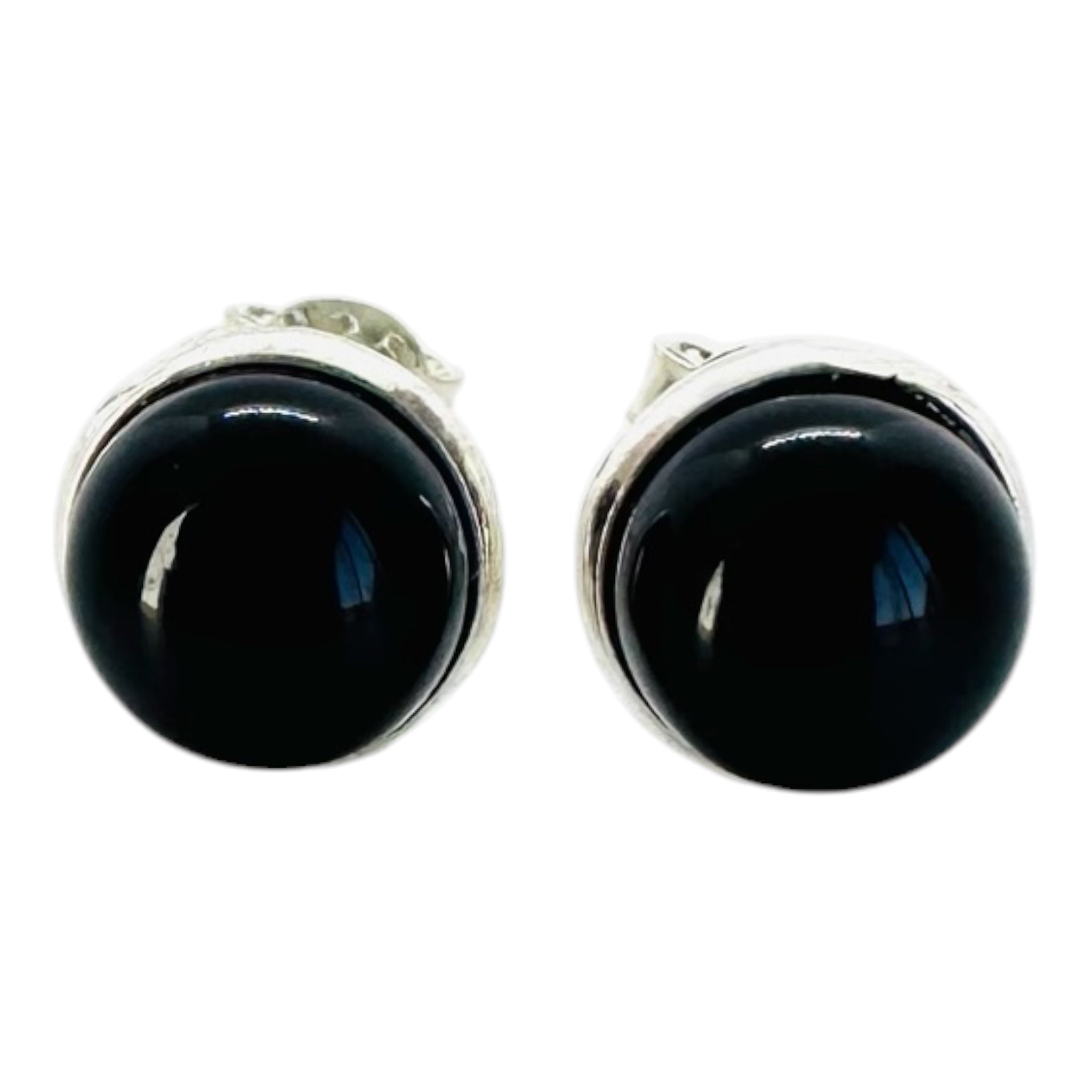 925 sterling silver earrings with black spinel round cabochons