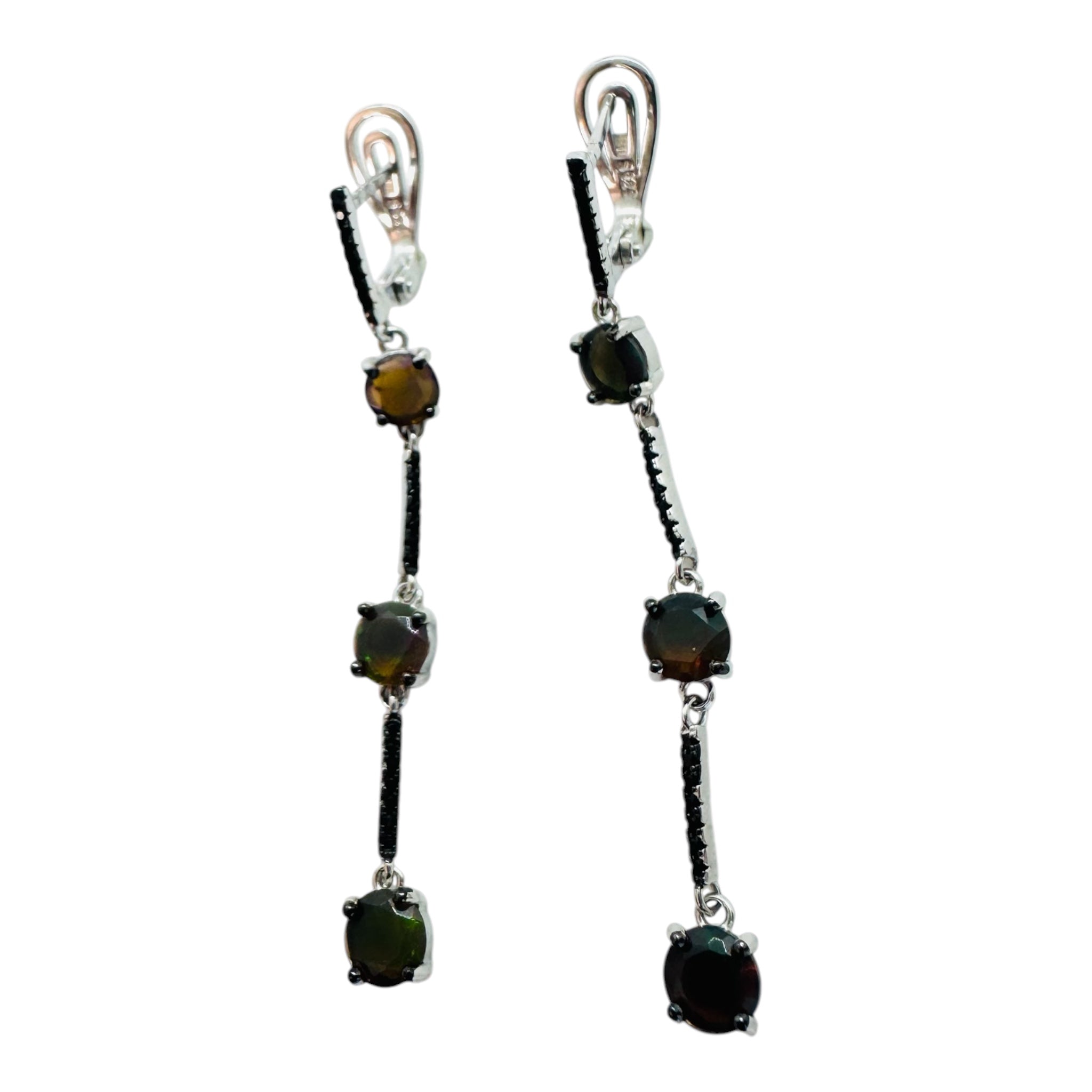 925 sterling silver earrings with black sapphires and black opal.