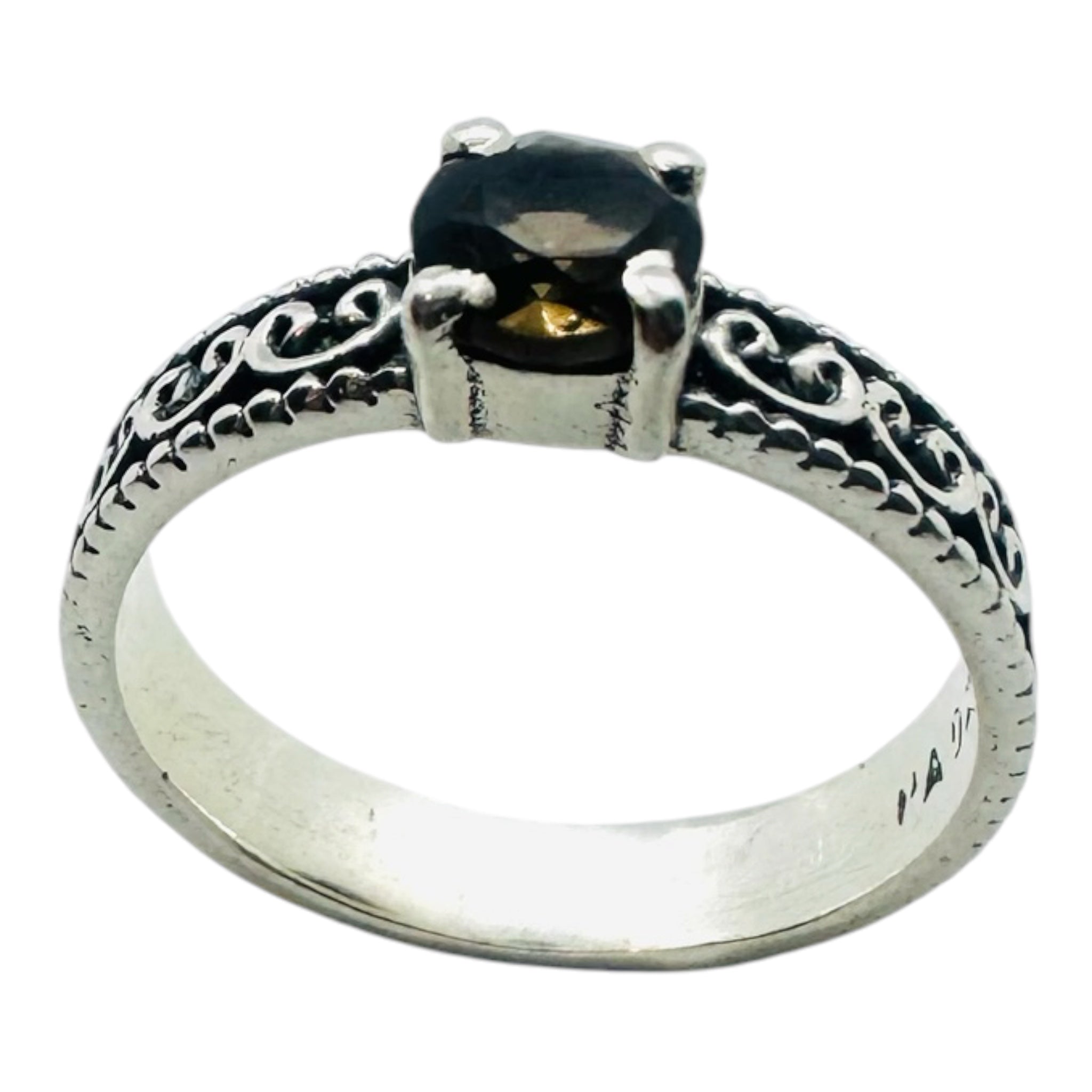 925 sterling silver ring with round smoky quartz setting.