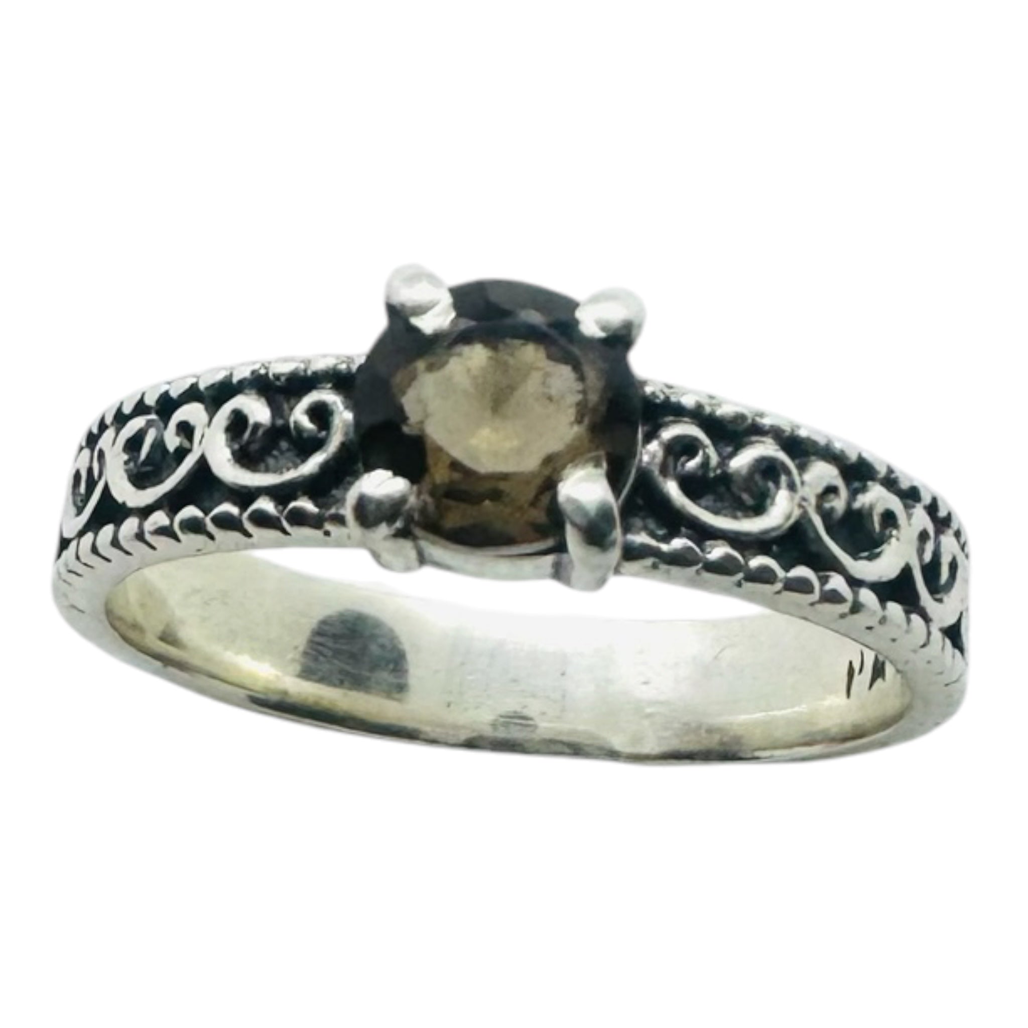 925 sterling silver ring with round smoky quartz setting.