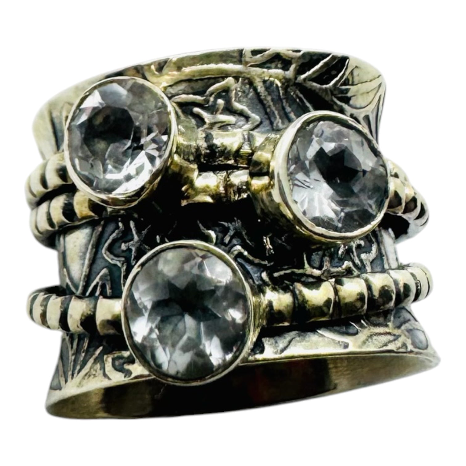 925 silver ring with round white quartz stones
