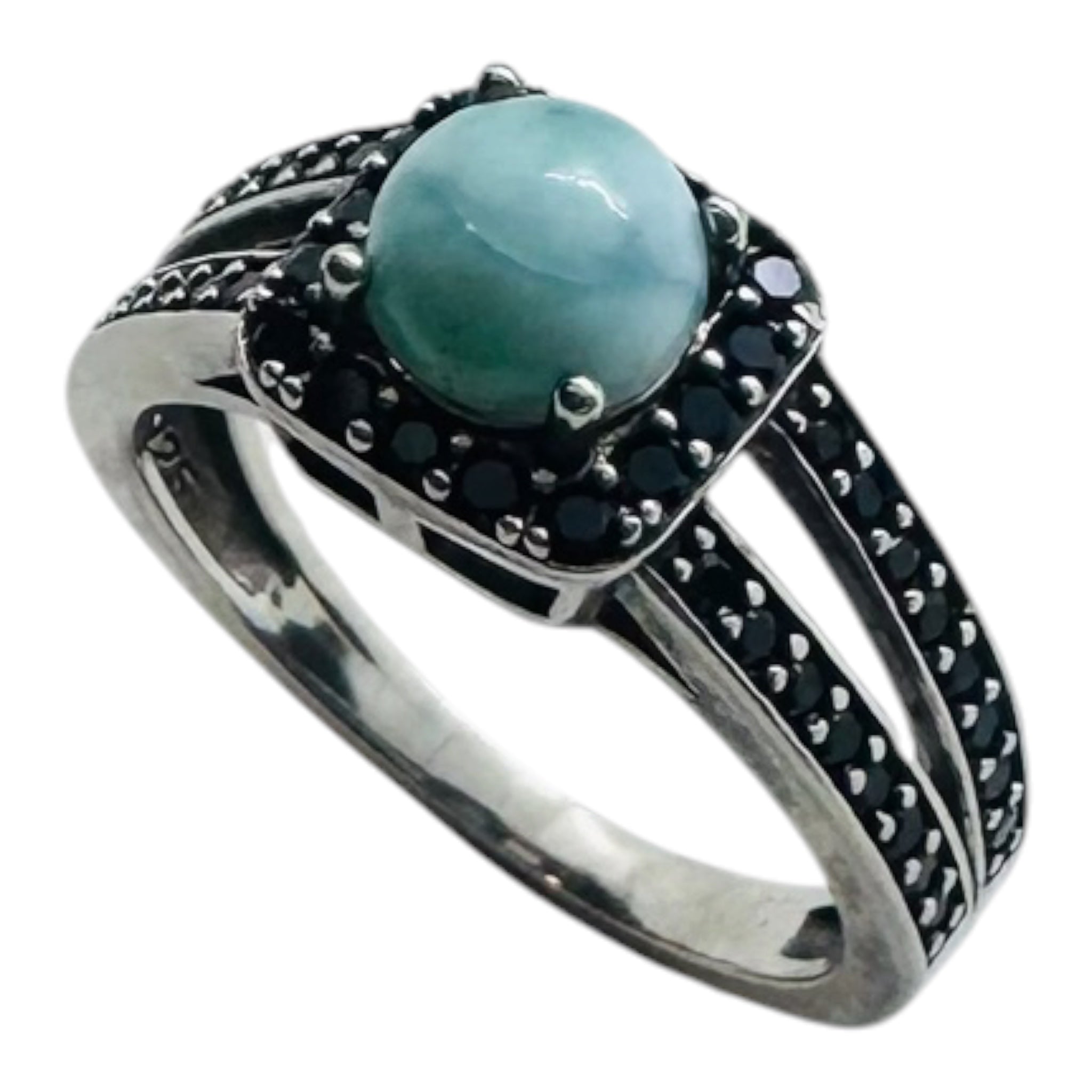 925 sterling silver ring with black sapphires and larimar