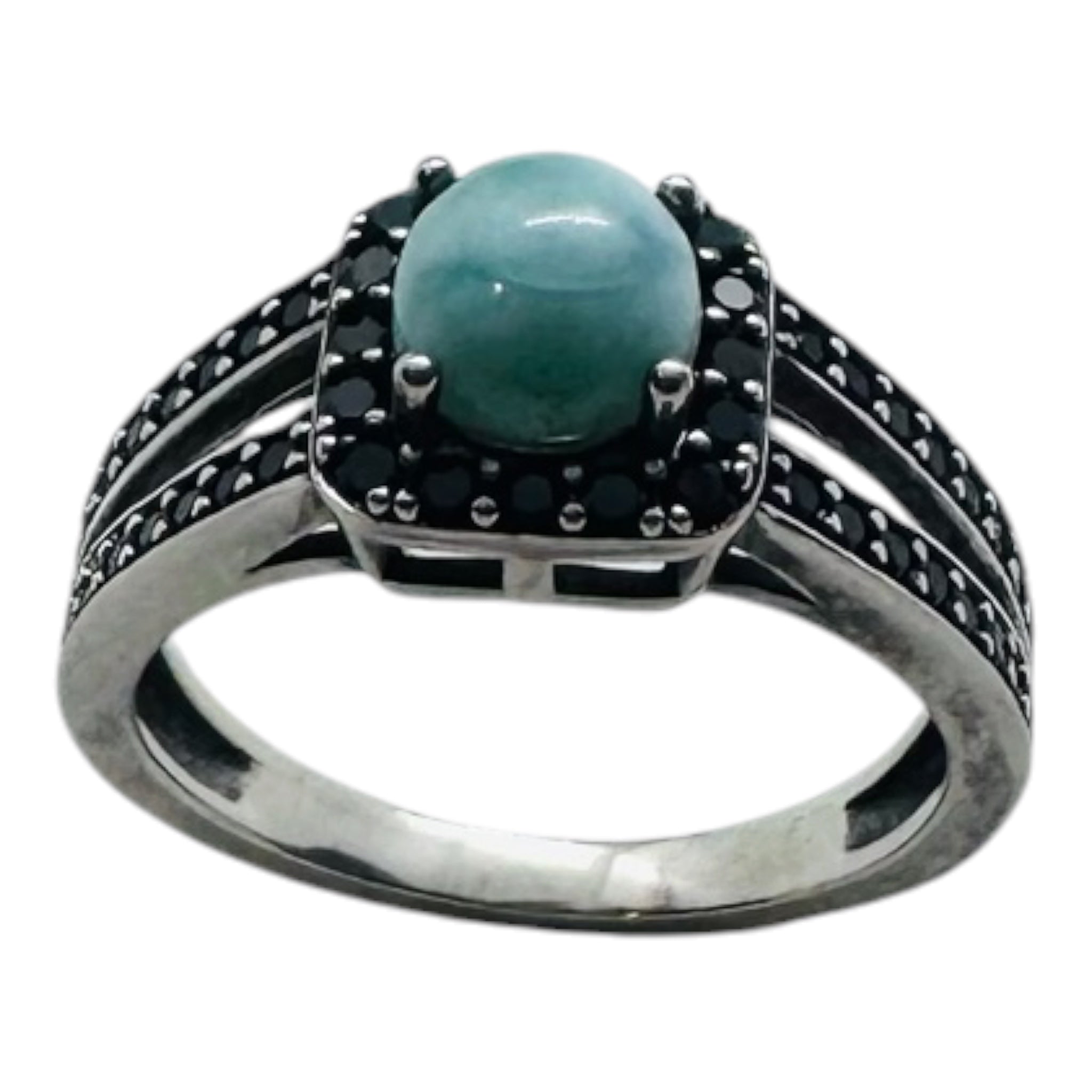 925 sterling silver ring with black sapphires and larimar