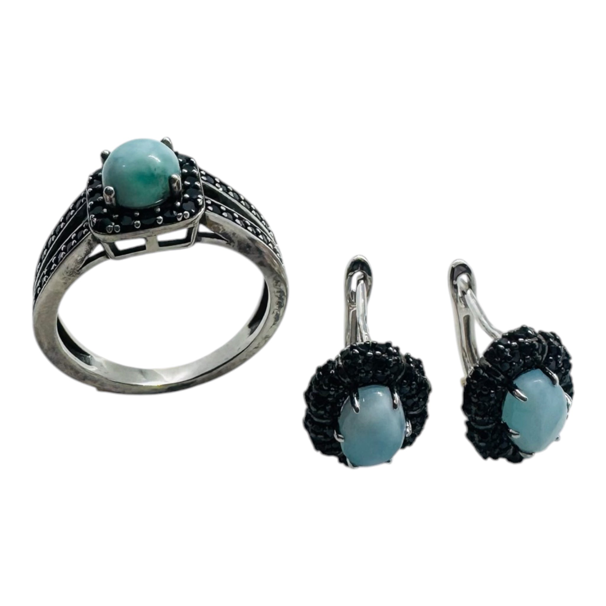 925 sterling silver set with black sapphires and larimar